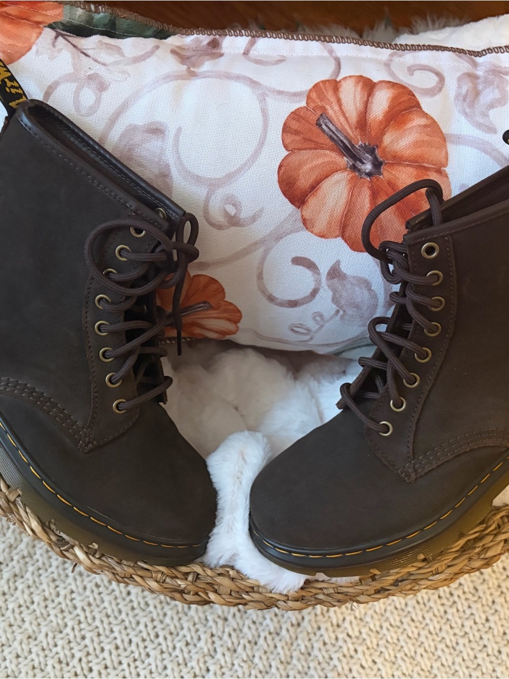 Dr. Martens Brown Lace-Up Women's Combat Boots with Yellow Stitching
